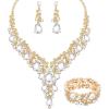 imageCSY Elegant Crystal Costume Jewelry Sets Flower Bridal Necklace Earrings Stretch Bangle Set for Bride Bridesmaid Wedding Dress Accessorieswhite crystalgold tone