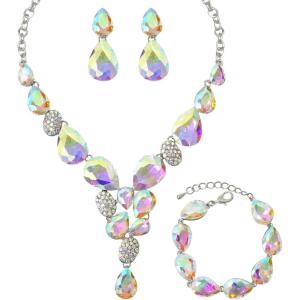 imageCSY Elegant Austrian Crystal Necklace Drop Earrings Bracelet Set Bridal Wedding Prom Costume Jewelry Sets for Brides BridesmaidAB crystalsilver tone