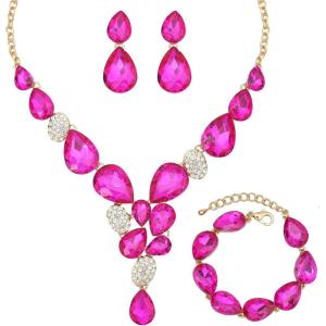 imageCSY Elegant Austrian Crystal Necklace Drop Earrings Bracelet Set Bridal Wedding Prom Costume Jewelry Sets for Brides Bridesmaidhot pink