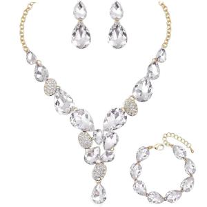 imageCSY Elegant Austrian Crystal Necklace Drop Earrings Bracelet Set Bridal Wedding Prom Costume Jewelry Sets for Brides Bridesmaidwhite crystalgold tone