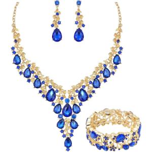 imageCSY Elegant Crystal Costume Jewelry Sets Flower Bridal Necklace Earrings Stretch Bangle Set for Bride Bridesmaid Wedding Dress AccessoriesSapphire bluegold tone
