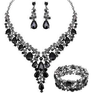 imageCSY Elegant Crystal Costume Jewelry Sets Flower Bridal Necklace Earrings Stretch Bangle Set for Bride Bridesmaid Wedding Dress Accessoriesblack