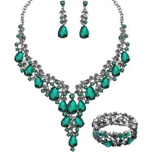 imageCSY Elegant Crystal Costume Jewelry Sets Flower Bridal Necklace Earrings Stretch Bangle Set for Bride Bridesmaid Wedding Dress Accessoriesgreen crystalblack tone