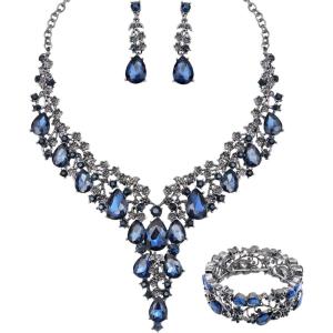 imageCSY Elegant Crystal Costume Jewelry Sets Flower Bridal Necklace Earrings Stretch Bangle Set for Bride Bridesmaid Wedding Dress Accessoriesnavy blue crystal