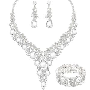 imageCSY Elegant Crystal Costume Jewelry Sets Flower Bridal Necklace Earrings Stretch Bangle Set for Bride Bridesmaid Wedding Dress Accessorieswhite crystalsilver tone