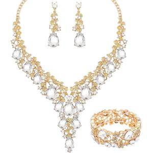 imageCSY Elegant Crystal Costume Jewelry Sets Flower Bridal Necklace Earrings Stretch Bangle Set for Bride Bridesmaid Wedding Dress Accessorieswhite crystalgold tone
