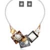 imageCSY Fashion Boho Oval Crystal Opals Statement Bib Necklace Earrings Bohemian Enamel Costume Jewelry Set Gifts for WomenBlack and light brown silver tone