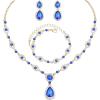 imageCSY Womens Elegant Teardrop Crystal Necklaces Dangle Earrings Bracelet Jewelry Sets for Brides Bridesmaidsroyal bluegold tone