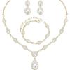 imageCSY Womens Elegant Teardrop Crystal Necklaces Dangle Earrings Bracelet Jewelry Sets for Brides Bridesmaidswhite crystalgold tone