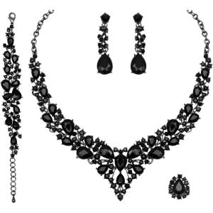 imageCSY 4 PcsSet Austrian Crystal Necklace Earrings Bracelet Ring Bridal Jewelry Sets for Brides Wedding Party Costume Accessories Gifts for Women02black
