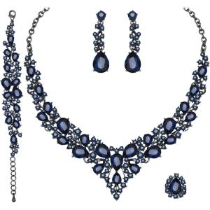 imageCSY 4 PcsSet Austrian Crystal Necklace Earrings Bracelet Ring Bridal Jewelry Sets for Brides Wedding Party Costume Accessories Gifts for Women02blacknavy blue