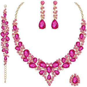 imageCSY 4 PcsSet Austrian Crystal Necklace Earrings Bracelet Ring Bridal Jewelry Sets for Brides Wedding Party Costume Accessories Gifts for Women02gold platedhot pink crystal