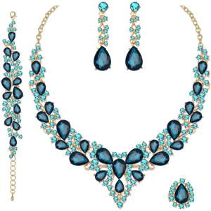 imageCSY 4 PcsSet Austrian Crystal Necklace Earrings Bracelet Ring Bridal Jewelry Sets for Brides Wedding Party Costume Accessories Gifts for Women02gold platedaquamarine