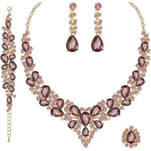imageCSY 4 PcsSet Austrian Crystal Necklace Earrings Bracelet Ring Bridal Jewelry Sets for Brides Wedding Party Costume Accessories Gifts for Women02gold platedamethyst