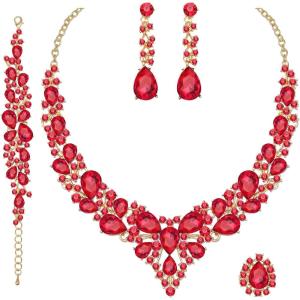 imageCSY 4 PcsSet Austrian Crystal Necklace Earrings Bracelet Ring Bridal Jewelry Sets for Brides Wedding Party Costume Accessories Gifts for Women02gold platedred