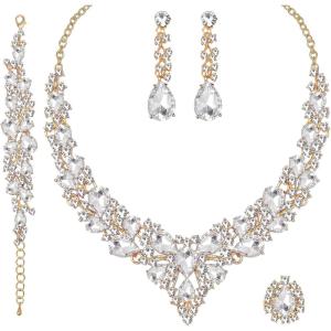 imageCSY 4 PcsSet Austrian Crystal Necklace Earrings Bracelet Ring Bridal Jewelry Sets for Brides Wedding Party Costume Accessories Gifts for Women02gold platedwhite