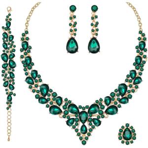 imageCSY 4 PcsSet Austrian Crystal Necklace Earrings Bracelet Ring Bridal Jewelry Sets for Brides Wedding Party Costume Accessories Gifts for Women02gold platedgreen