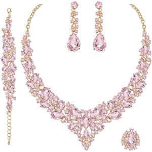 imageCSY 4 PcsSet Austrian Crystal Necklace Earrings Bracelet Ring Bridal Jewelry Sets for Brides Wedding Party Costume Accessories Gifts for Women02gold platedpink