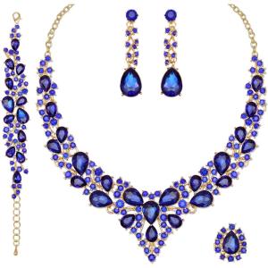 imageCSY 4 PcsSet Austrian Crystal Necklace Earrings Bracelet Ring Bridal Jewelry Sets for Brides Wedding Party Costume Accessories Gifts for Women02gold platedroyal blue