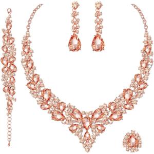 imageCSY 4 PcsSet Austrian Crystal Necklace Earrings Bracelet Ring Bridal Jewelry Sets for Brides Wedding Party Costume Accessories Gifts for Women02rose goldpeach
