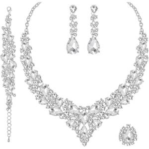 imageCSY 4 PcsSet Austrian Crystal Necklace Earrings Bracelet Ring Bridal Jewelry Sets for Brides Wedding Party Costume Accessories Gifts for Women02white goldwhite