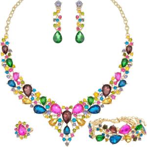 imageCSY 4 PcsSet Austrian Crystal Necklace Earrings Bracelet Ring Bridal Jewelry Sets for Brides Wedding Party Costume Accessories Gifts for WomenMulticolour