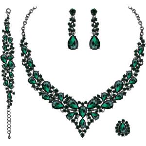 imageCSY 4 PcsSet Austrian Crystal Necklace Earrings Bracelet Ring Bridal Jewelry Sets for Brides Wedding Party Costume Accessories Gifts for Womenemeraldblack tone