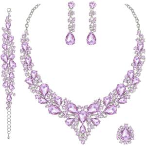 imageCSY 4 PcsSet Austrian Crystal Necklace Earrings Bracelet Ring Bridal Jewelry Sets for Brides Wedding Party Costume Accessories Gifts for Womenwhite gold platedviolet