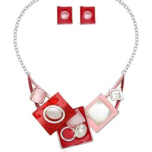 imageCSY Fashion Boho Oval Crystal Opals Statement Bib Necklace Earrings Bohemian Enamel Costume Jewelry Set Gifts for WomenRed and Pink