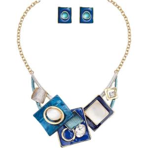 imageCSY Fashion Boho Oval Crystal Opals Statement Bib Necklace Earrings Bohemian Enamel Costume Jewelry Set Gifts for Womenblue