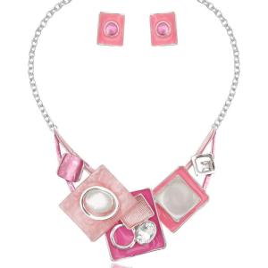 imageCSY Fashion Boho Oval Crystal Opals Statement Bib Necklace Earrings Bohemian Enamel Costume Jewelry Set Gifts for Womenpink  silver tone