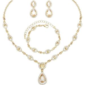 imageCSY Womens Elegant Teardrop Crystal Necklaces Dangle Earrings Bracelet Jewelry Sets for Brides Bridesmaidschampagne gold