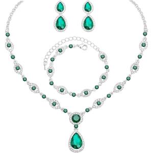 imageCSY Womens Elegant Teardrop Crystal Necklaces Dangle Earrings Bracelet Jewelry Sets for Brides Bridesmaidsgreen crystalsilver tone