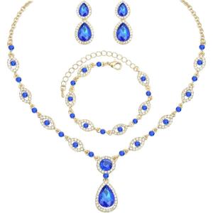 imageCSY Womens Elegant Teardrop Crystal Necklaces Dangle Earrings Bracelet Jewelry Sets for Brides Bridesmaidsroyal bluegold tone