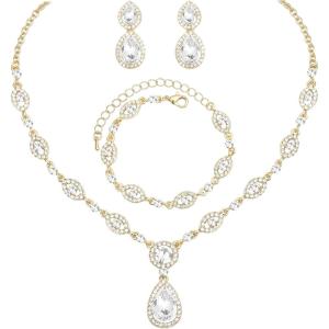 imageCSY Womens Elegant Teardrop Crystal Necklaces Dangle Earrings Bracelet Jewelry Sets for Brides Bridesmaidswhite crystalgold tone