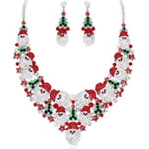 imageLuxury Statement Bib Necklace Earrings Santa Claus Christmas Element Party Costume Jewelry Set Xmas Gift for WomenSTYLE 1With White Diamond