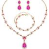 imageCSY Womens Elegant Teardrop Crystal Necklaces Dangle Earrings Bracelet Jewelry Sets for Brides Bridesmaidshot pinkgold tone