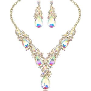 imageCSY Luxury Austrian Crystal Necklace Earrings Rhinestone Bridal Wedding Party Costume Jewelry Sets for Brides Bridesmaids WomenAB Crystal
