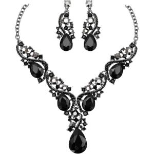 imageCSY Luxury Austrian Crystal Necklace Earrings Rhinestone Bridal Wedding Party Costume Jewelry Sets for Brides Bridesmaids WomenAll black