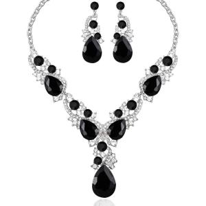 imageCSY Luxury Austrian Crystal Necklace Earrings Rhinestone Bridal Wedding Party Costume Jewelry Sets for Brides Bridesmaids WomenBlack