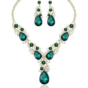 imageCSY Luxury Austrian Crystal Necklace Earrings Rhinestone Bridal Wedding Party Costume Jewelry Sets for Brides Bridesmaids WomenGreenGold Tone