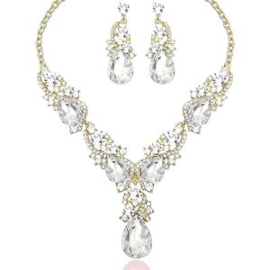 imageCSY Luxury Austrian Crystal Necklace Earrings Rhinestone Bridal Wedding Party Costume Jewelry Sets for Brides Bridesmaids WomenWhite CrystalGold Tone