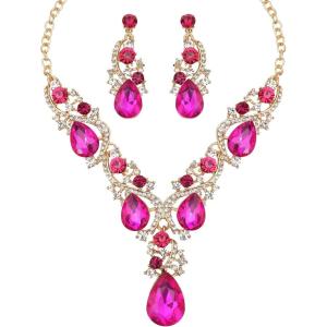 imageCSY Luxury Austrian Crystal Necklace Earrings Rhinestone Bridal Wedding Party Costume Jewelry Sets for Brides Bridesmaids Womenhot pink crystal  gold tone
