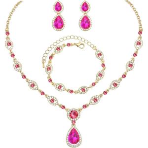 imageCSY Womens Elegant Teardrop Crystal Necklaces Dangle Earrings Bracelet Jewelry Sets for Brides Bridesmaidshot pinkgold tone