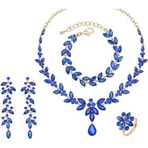imageCSY 4 Pcs Elegant Bridal Jewelry Sets Austrian Marquise Crystal Wedding Necklace Dangle Earrings Tennis Bracelet Ring Set for Bride Women Costume Accessoriesroyal bluegold tone