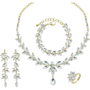 imageCSY 4 Pcs Elegant Bridal Jewelry Sets Austrian Marquise Crystal Wedding Necklace Dangle Earrings Tennis Bracelet Ring Set for Bride Women Costume Accessorieswhite crystalgold tone