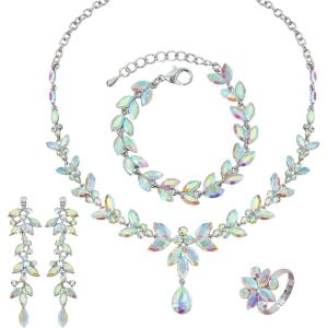 imageCSY 4 Pcs Elegant Bridal Jewelry Sets Austrian Marquise Crystal Wedding Necklace Dangle Earrings Tennis Bracelet Ring Set for Bride Women Costume AccessoriesIridescent AB Crystal  Silver tone