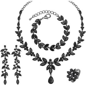 imageCSY 4 Pcs Elegant Bridal Jewelry Sets Austrian Marquise Crystal Wedding Necklace Dangle Earrings Tennis Bracelet Ring Set for Bride Women Costume Accessoriesblack