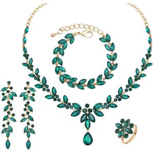 imageCSY 4 Pcs Elegant Bridal Jewelry Sets Austrian Marquise Crystal Wedding Necklace Dangle Earrings Tennis Bracelet Ring Set for Bride Women Costume Accessoriesgreen crystalgold tone