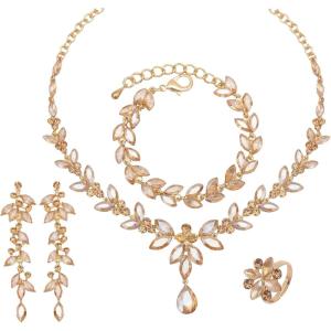imageCSY 4 Pcs Elegant Bridal Jewelry Sets Austrian Marquise Crystal Wedding Necklace Dangle Earrings Tennis Bracelet Ring Set for Bride Women Costume Accessorieschampagne gold